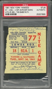 1961 New York Yankees vs. Baltimore Orioles Ticket Stub From 9/26/1961 - Roger Maris Hits Home Run #60 Tying Babe Ruth (PSA)